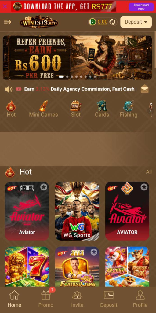 WIN1313 Bet casino app interface showing Aviator game, slot games, sports betting, refer and earn 400000