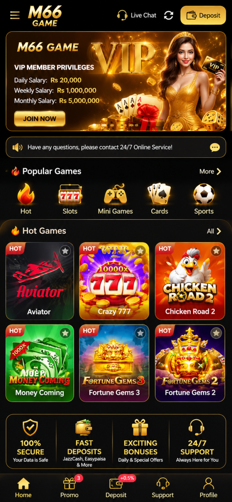 M66 Game APK latest version interface features casino games, VIP rewards, secure deposits, and APKOcean.pk branding for Android users.